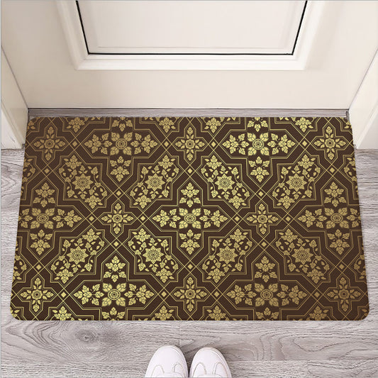 Gold And Brown Thai Pattern Print Rubber Doormat