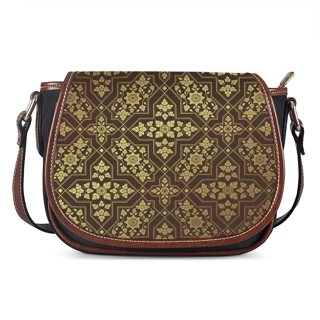 Gold And Brown Thai Pattern Print Saddle Bag