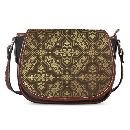 Gold And Brown Thai Pattern Print Saddle Bag