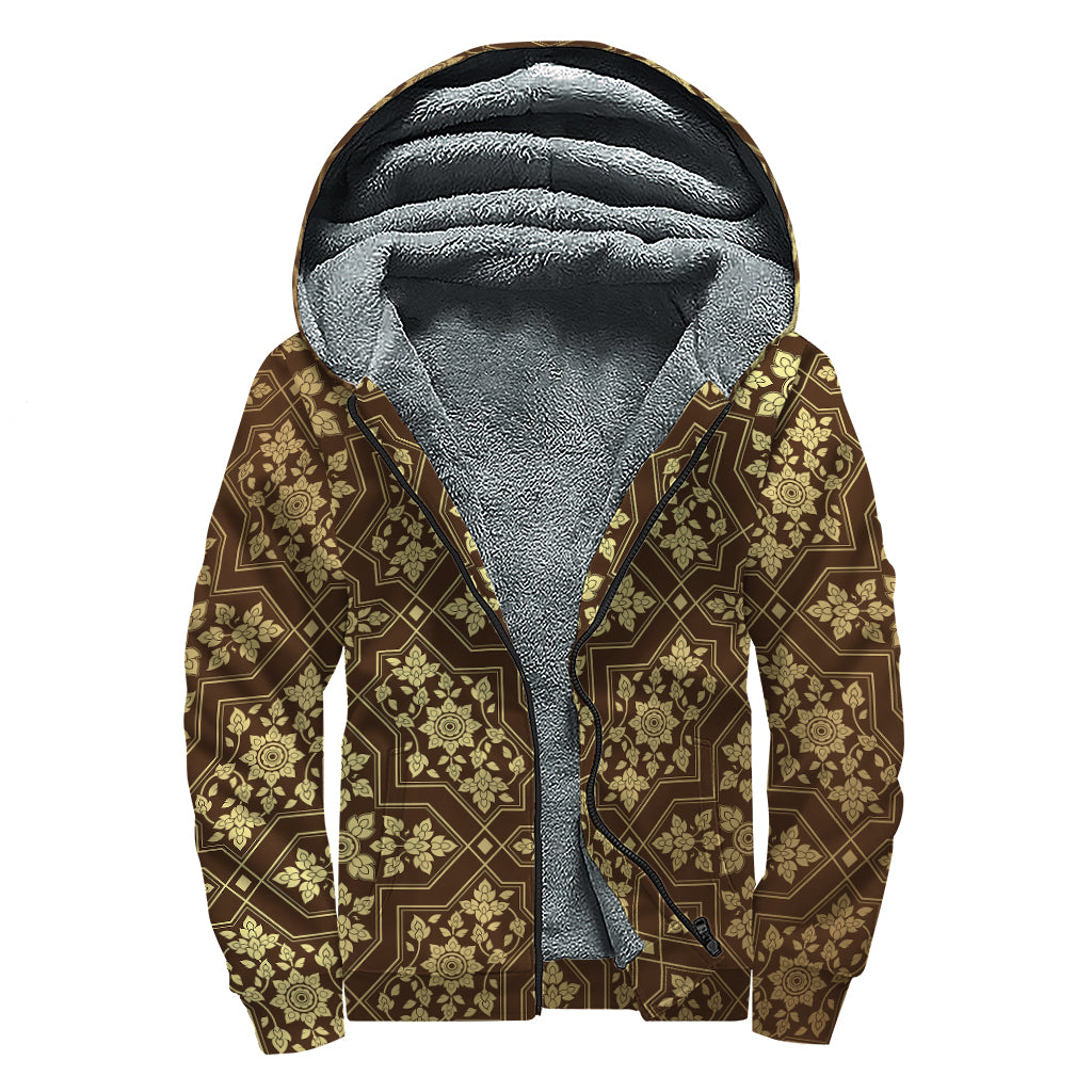 Gold And Brown Thai Pattern Print Sherpa Lined Zip Up Hoodie