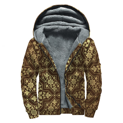 Gold And Brown Thai Pattern Print Sherpa Lined Zip Up Hoodie