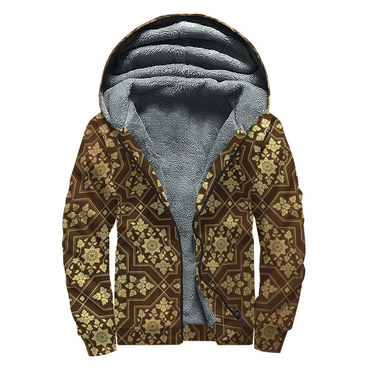 Gold And Brown Thai Pattern Print Sherpa Lined Zip Up Hoodie