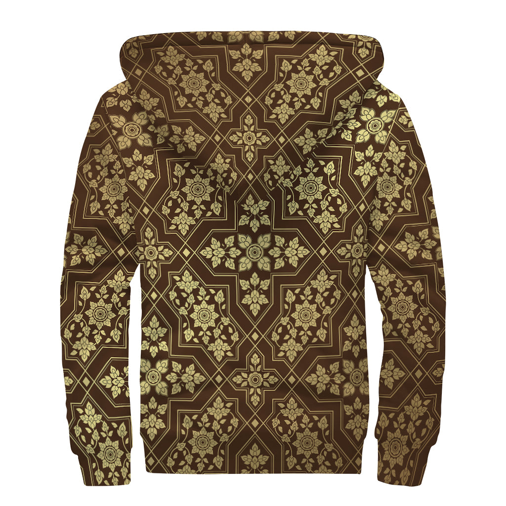 Gold And Brown Thai Pattern Print Sherpa Lined Zip Up Hoodie
