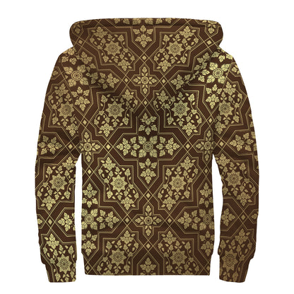 Gold And Brown Thai Pattern Print Sherpa Lined Zip Up Hoodie