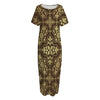 Gold And Brown Thai Pattern Print Short Sleeve Long Nightdress