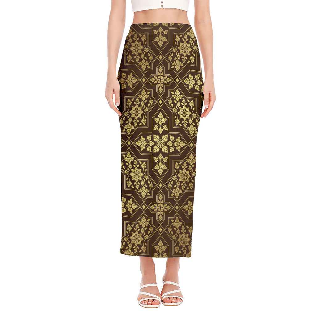 Gold And Brown Thai Pattern Print Side Slit Maxi Skirt