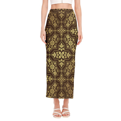 Gold And Brown Thai Pattern Print Side Slit Maxi Skirt