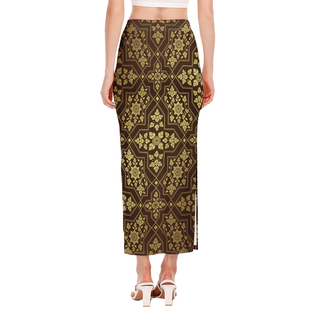 Gold And Brown Thai Pattern Print Side Slit Maxi Skirt