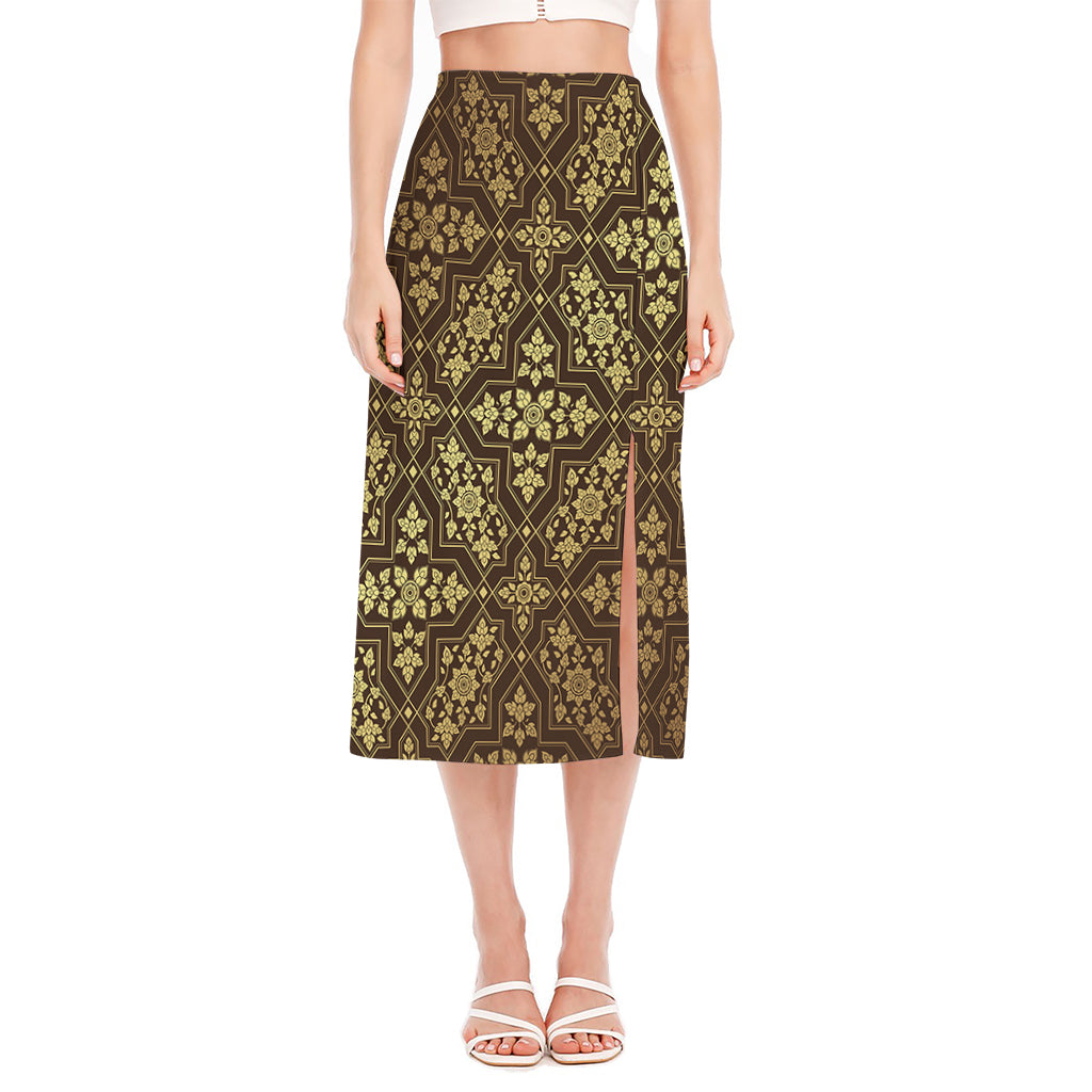 Gold And Brown Thai Pattern Print Side Slit Midi Skirt