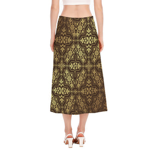 Gold And Brown Thai Pattern Print Side Slit Midi Skirt