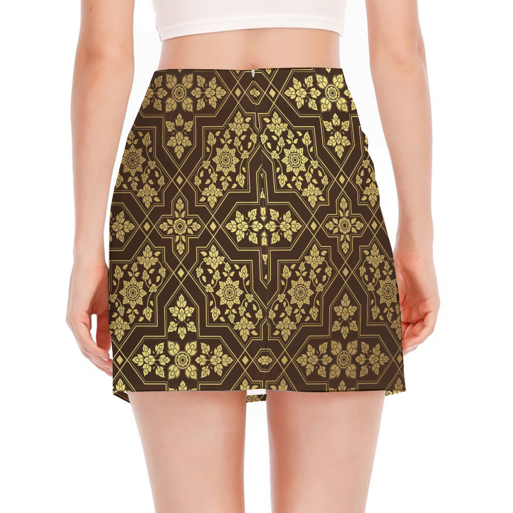 Gold And Brown Thai Pattern Print Side Slit Mini Skirt