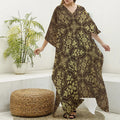 Gold And Brown Thai Pattern Print Silk V-Neck Kaftan Dress