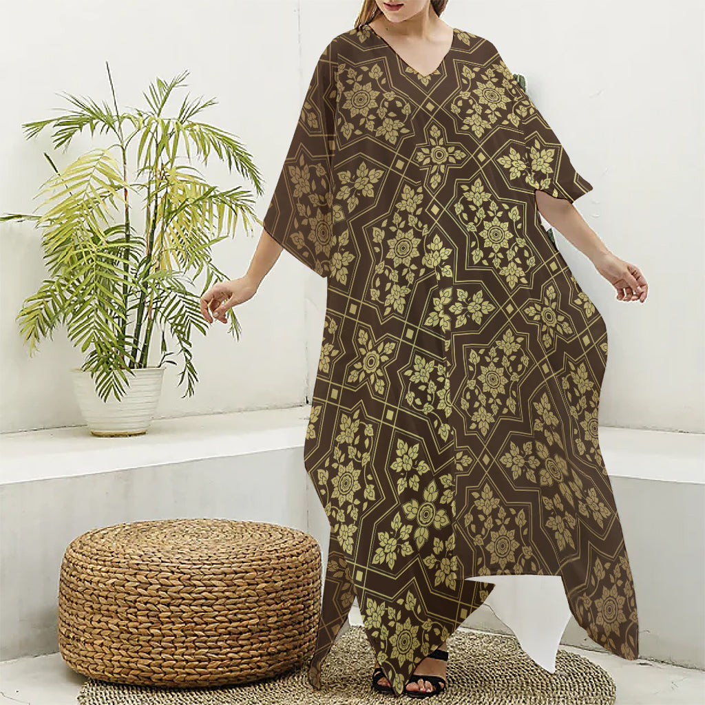 Gold And Brown Thai Pattern Print Silk V-Neck Kaftan Dress