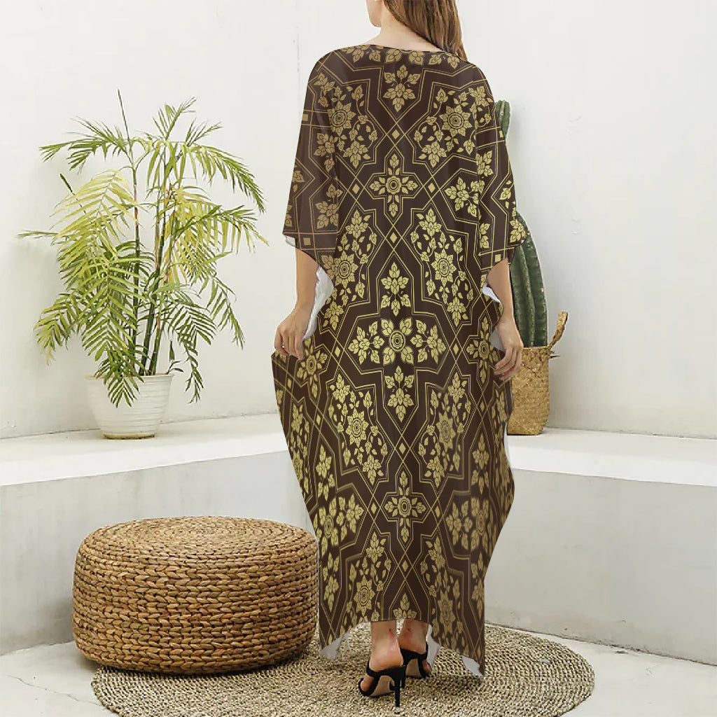 Gold And Brown Thai Pattern Print Silk V-Neck Kaftan Dress