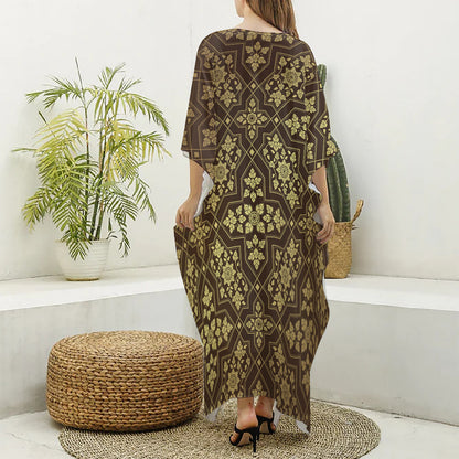 Gold And Brown Thai Pattern Print Silk V-Neck Kaftan Dress