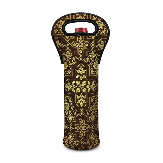 Gold And Brown Thai Pattern Print Single Neoprene Wine Tote