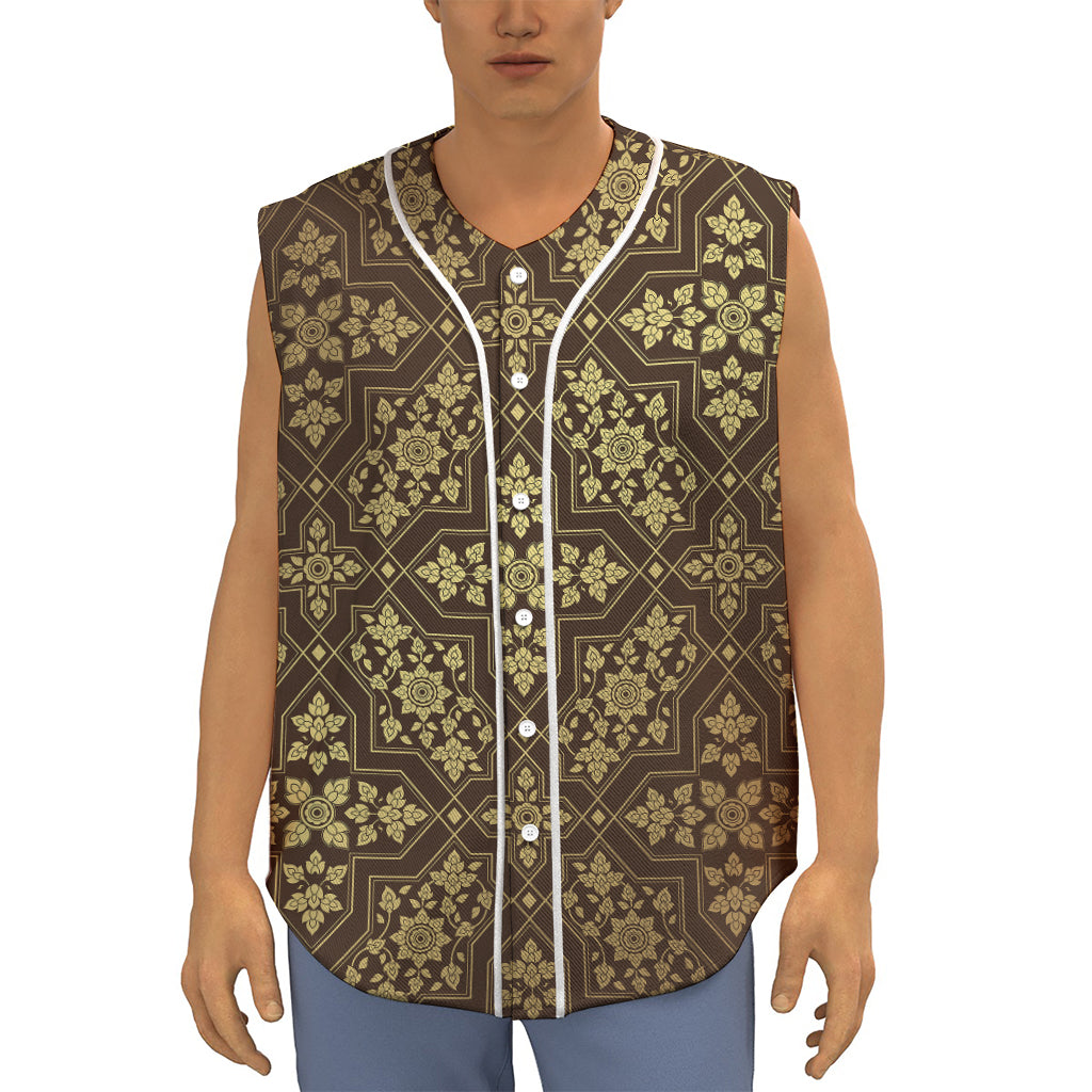 Gold And Brown Thai Pattern Print Sleeveless Baseball Jersey