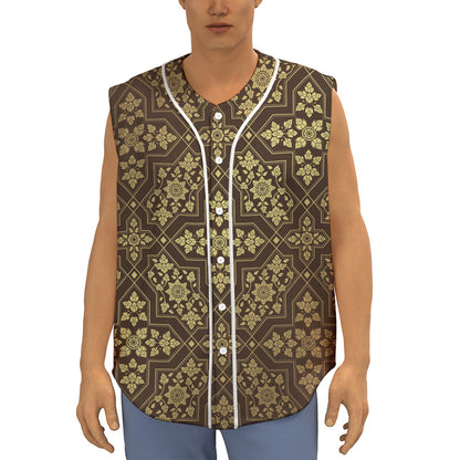 Gold And Brown Thai Pattern Print Sleeveless Baseball Jersey