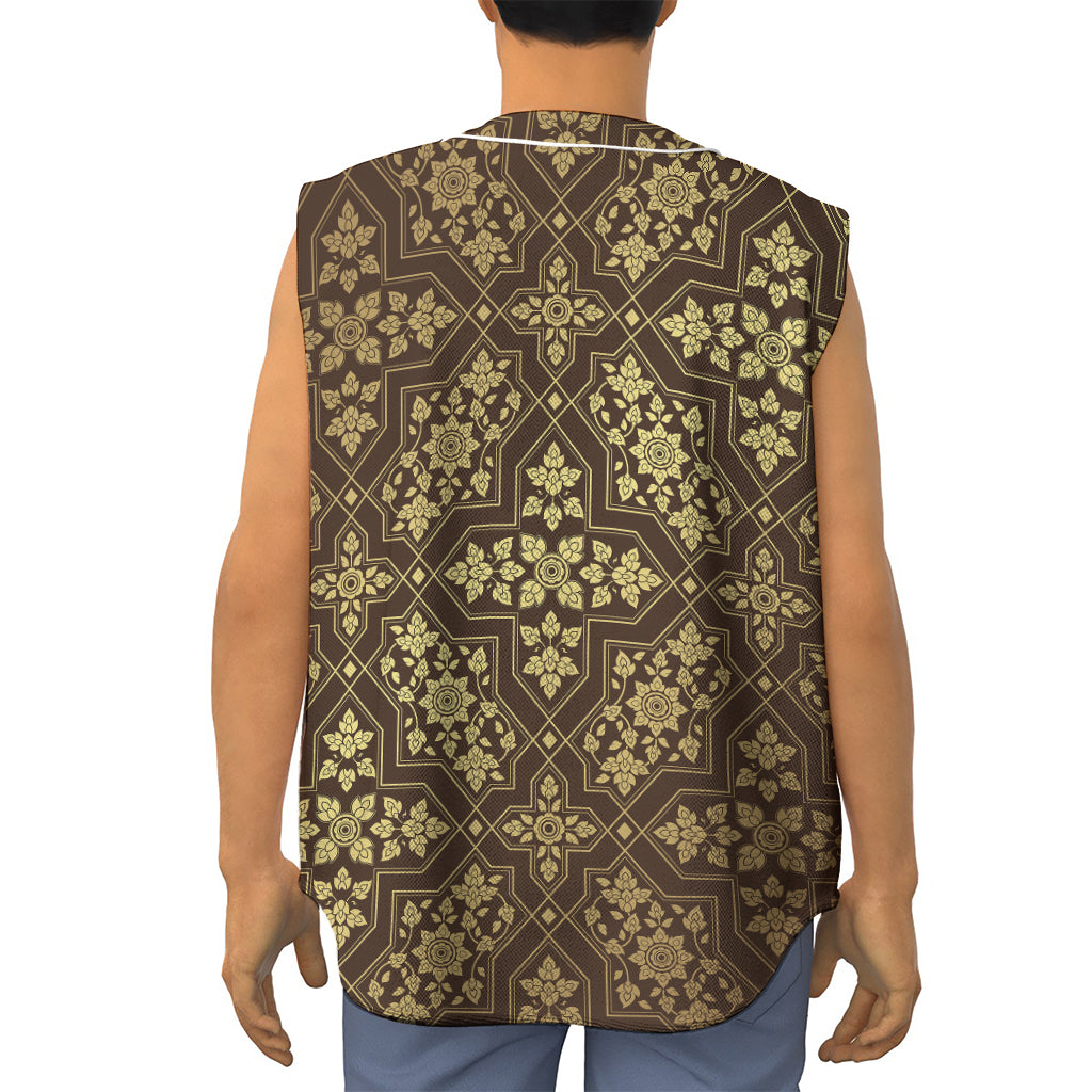 Gold And Brown Thai Pattern Print Sleeveless Baseball Jersey