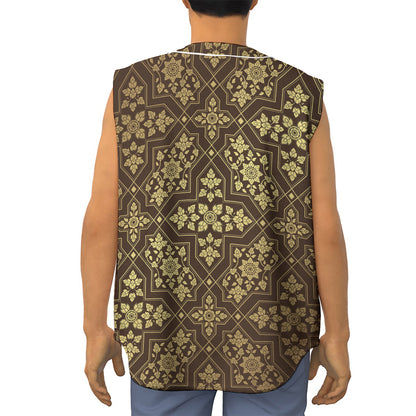 Gold And Brown Thai Pattern Print Sleeveless Baseball Jersey