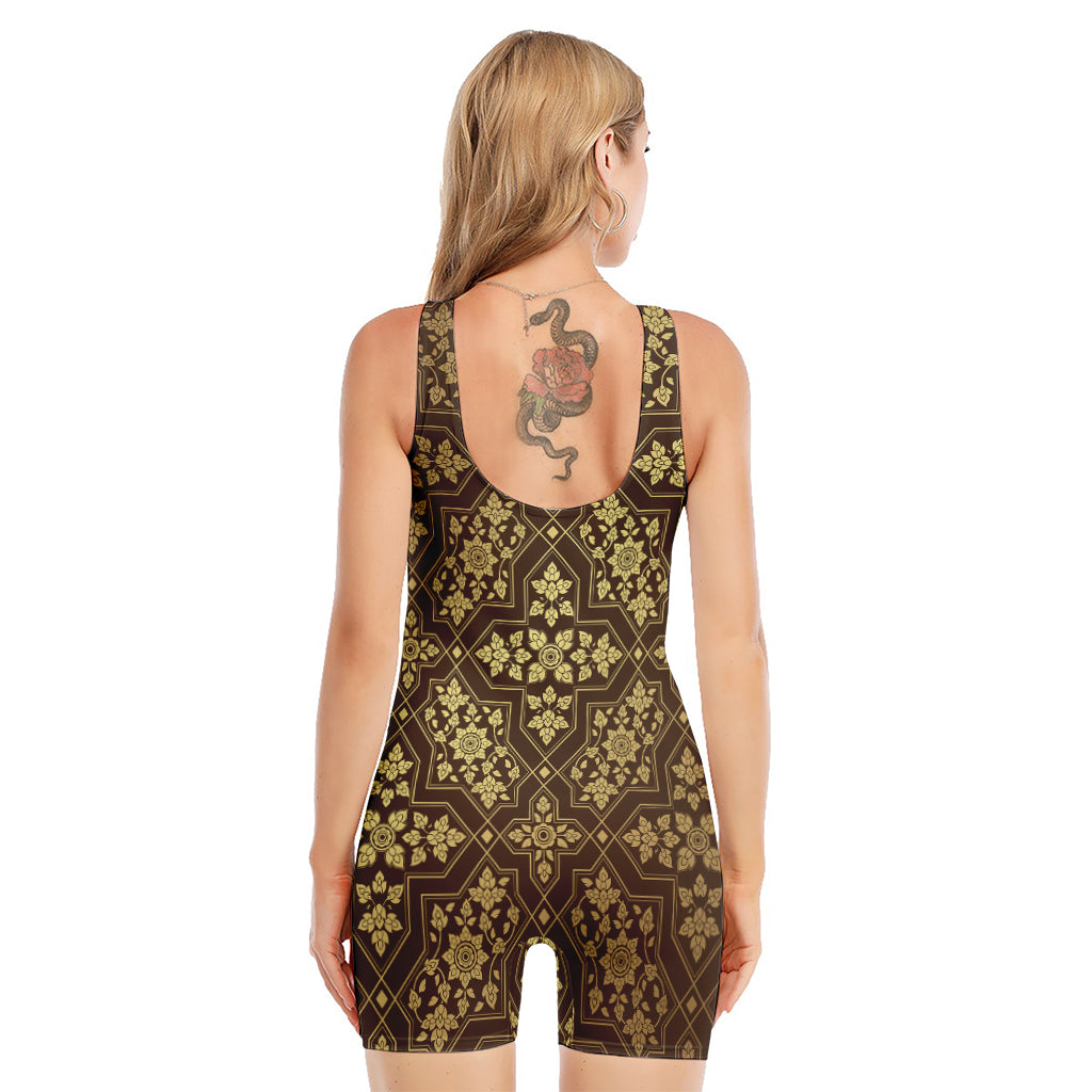 Gold And Brown Thai Pattern Print Sleeveless One Piece Swimsuit