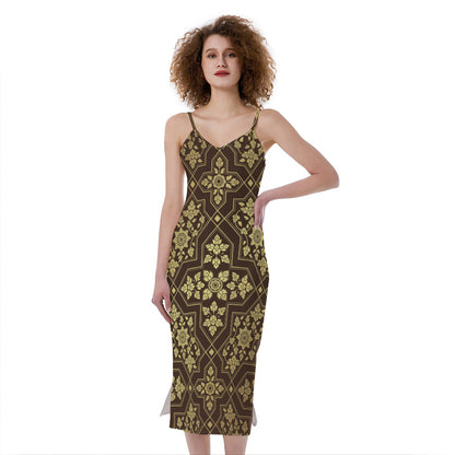 Gold And Brown Thai Pattern Print Slim Fit Midi Cami Dress