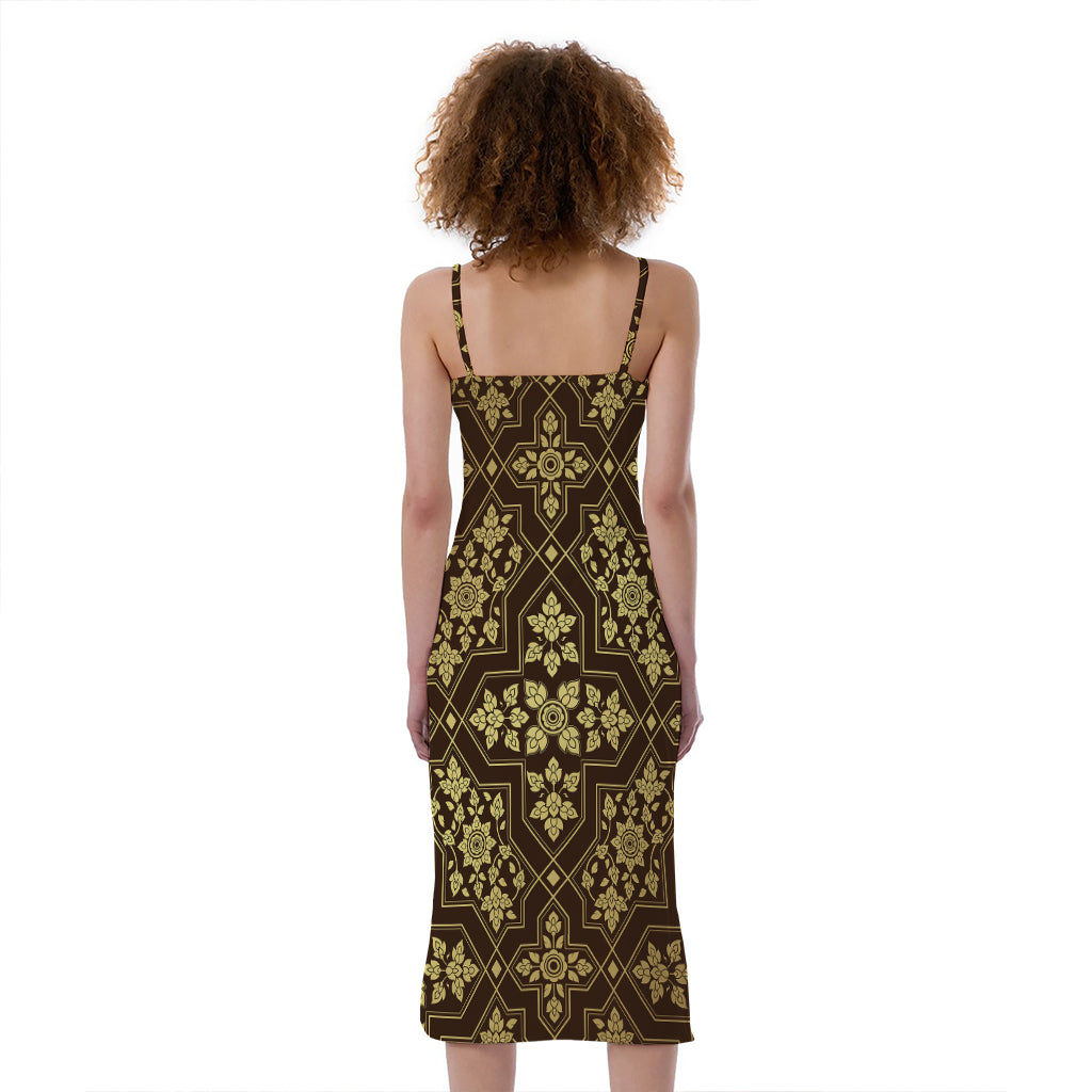 Gold And Brown Thai Pattern Print Slim Fit Midi Cami Dress