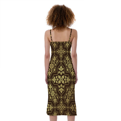 Gold And Brown Thai Pattern Print Slim Fit Midi Cami Dress