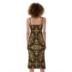 Gold And Brown Thai Pattern Print Slim Fit Midi Cami Dress
