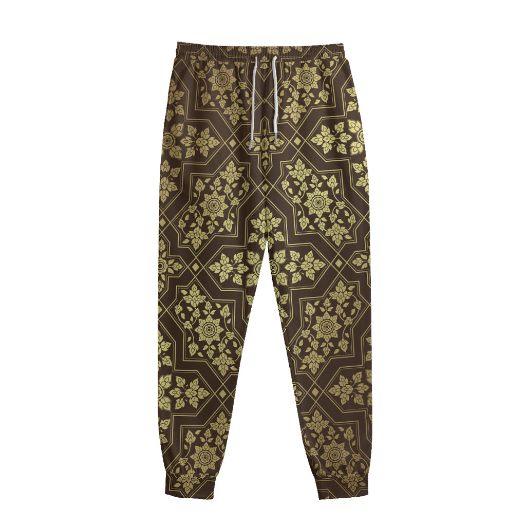 Gold And Brown Thai Pattern Print Sweatpants
