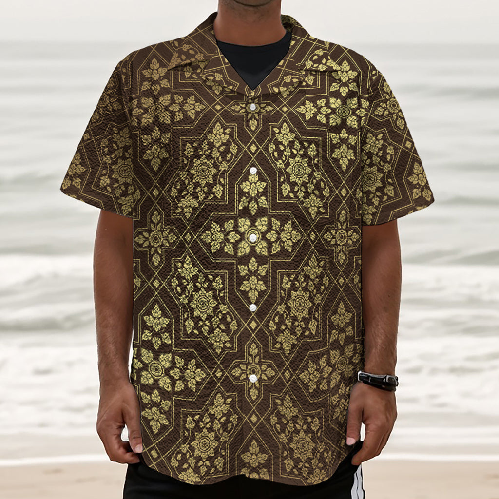 Gold And Brown Thai Pattern Print Textured Short Sleeve Shirt