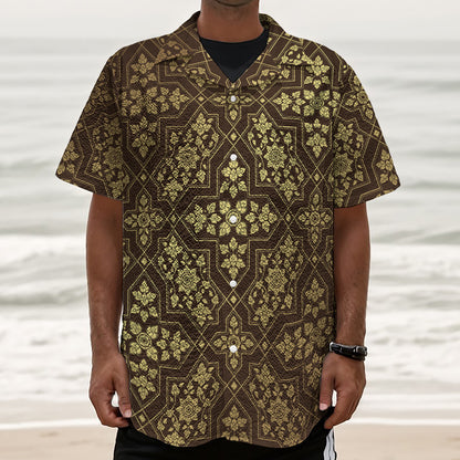 Gold And Brown Thai Pattern Print Textured Short Sleeve Shirt