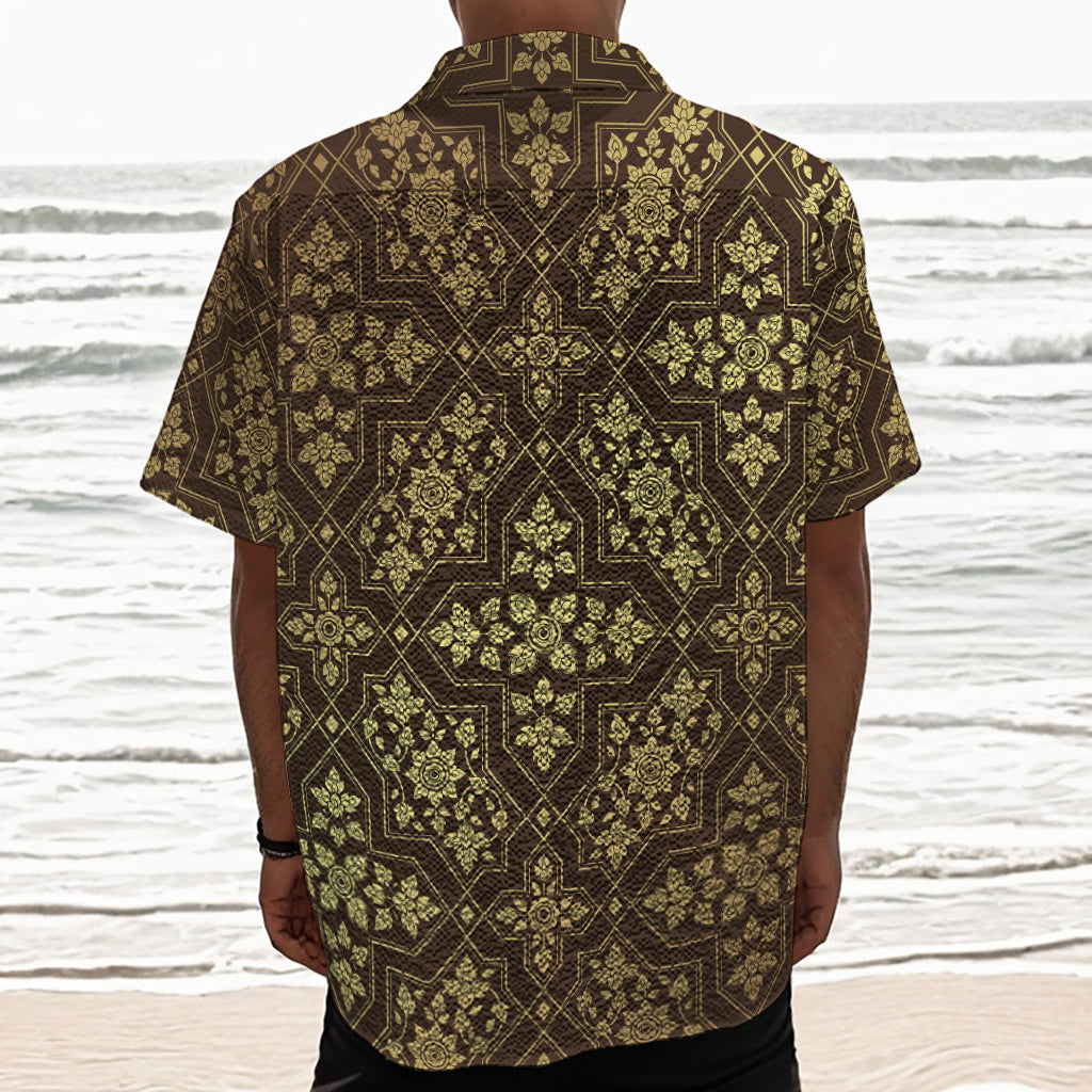 Gold And Brown Thai Pattern Print Textured Short Sleeve Shirt