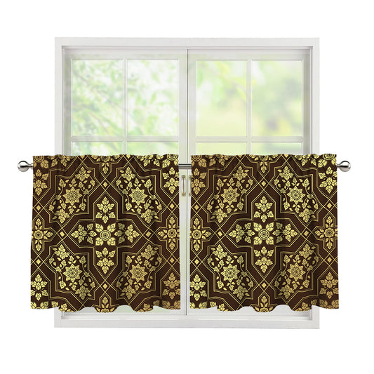 Gold And Brown Thai Pattern Print Tier Curtains