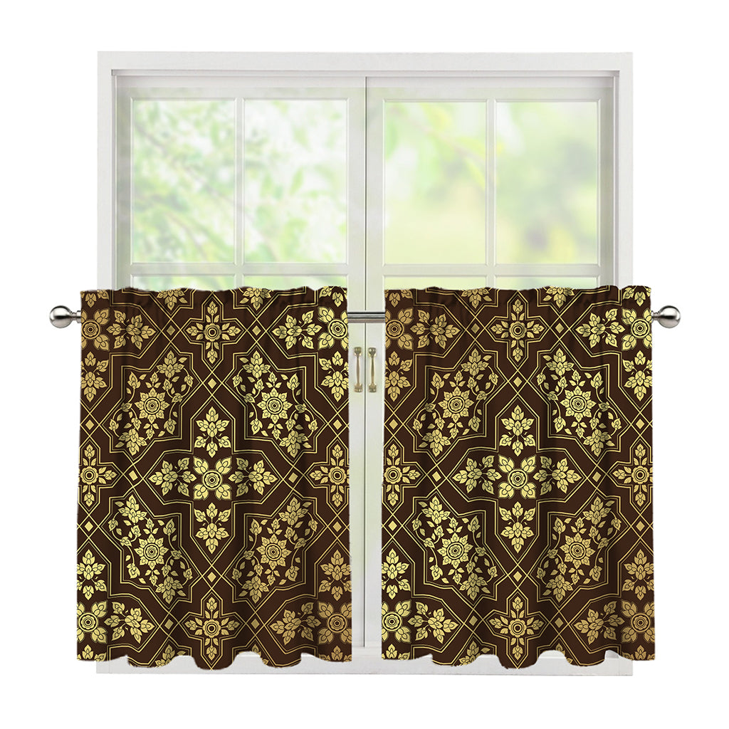 Gold And Brown Thai Pattern Print Tier Curtains