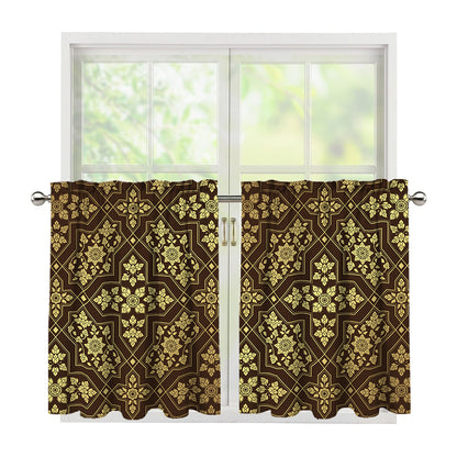 Gold And Brown Thai Pattern Print Tier Curtains