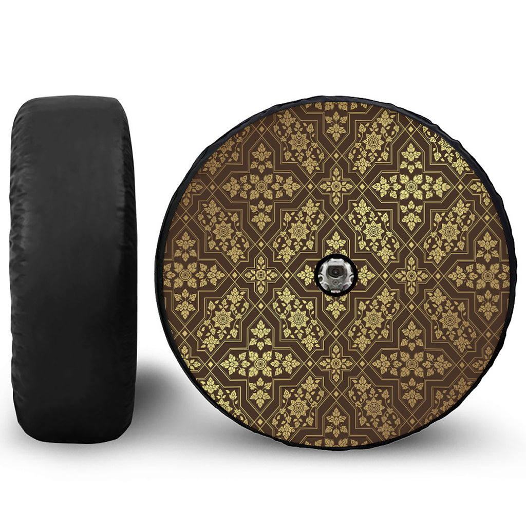 Gold And Brown Thai Pattern Print Tire Cover With Camera Hole