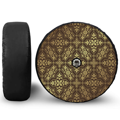 Gold And Brown Thai Pattern Print Tire Cover With Camera Hole