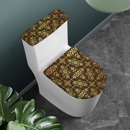 Gold And Brown Thai Pattern Print Toilet Lid And Tank Cover Set