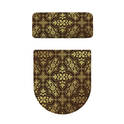 Gold And Brown Thai Pattern Print Toilet Lid And Tank Cover Set