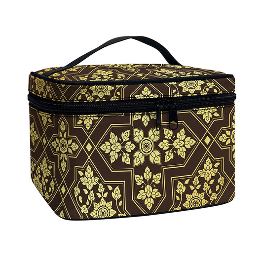 Gold And Brown Thai Pattern Print Travel Makeup Bag