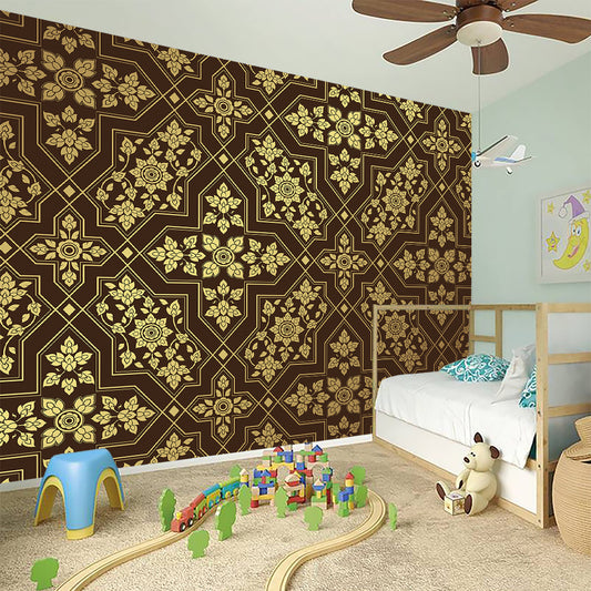 Gold And Brown Thai Pattern Print Wall Sticker