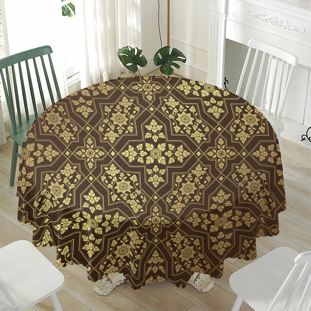Gold And Brown Thai Pattern Print Waterproof Round Tablecloth