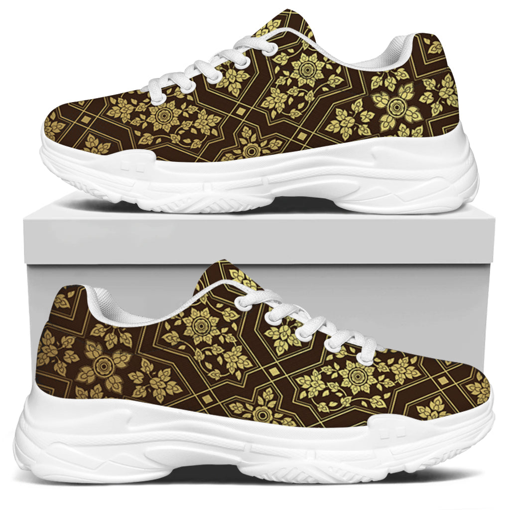 Gold And Brown Thai Pattern Print White Chunky Shoes