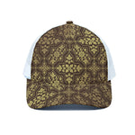 Gold And Brown Thai Pattern Print White Mesh Trucker Cap
