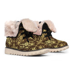 Gold And Brown Thai Pattern Print Winter Boots