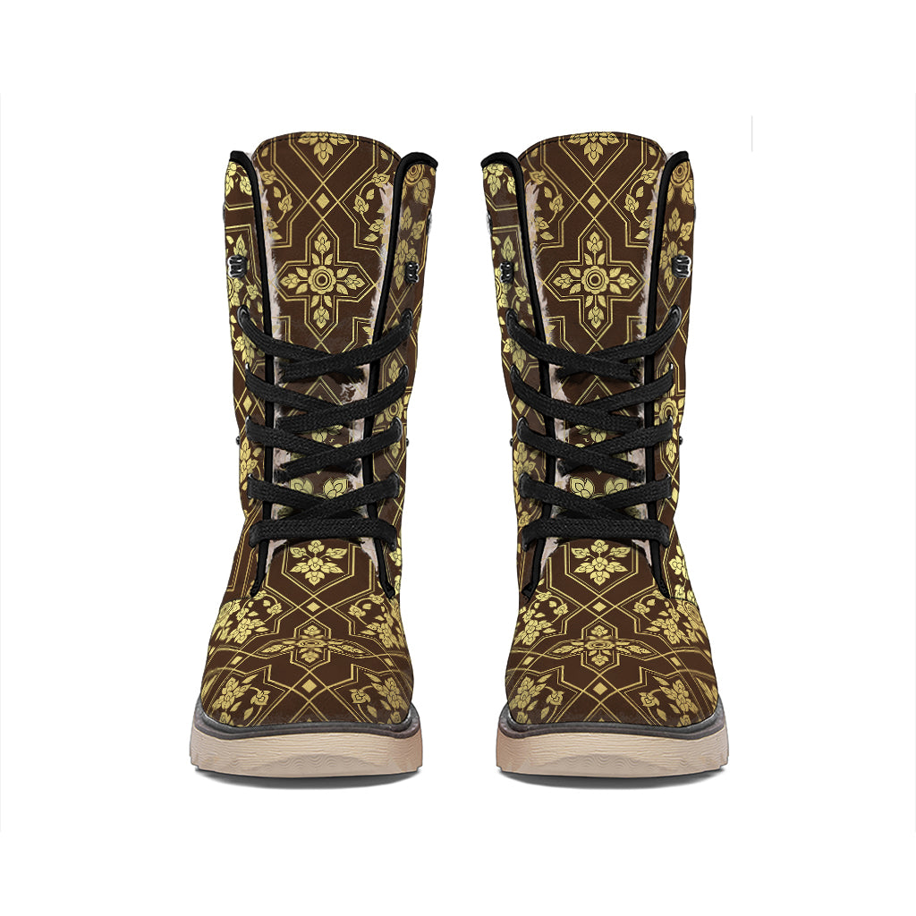 Gold And Brown Thai Pattern Print Winter Boots