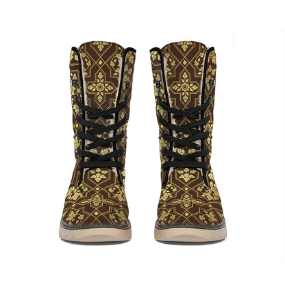 Gold And Brown Thai Pattern Print Winter Boots