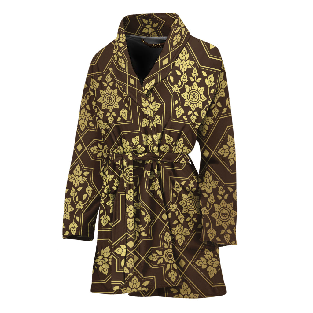 Gold And Brown Thai Pattern Print Women's Bathrobe