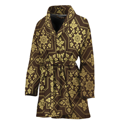 Gold And Brown Thai Pattern Print Women's Bathrobe
